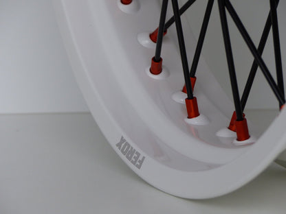 White rim, Black spokes, Orange nipple, Orange hub